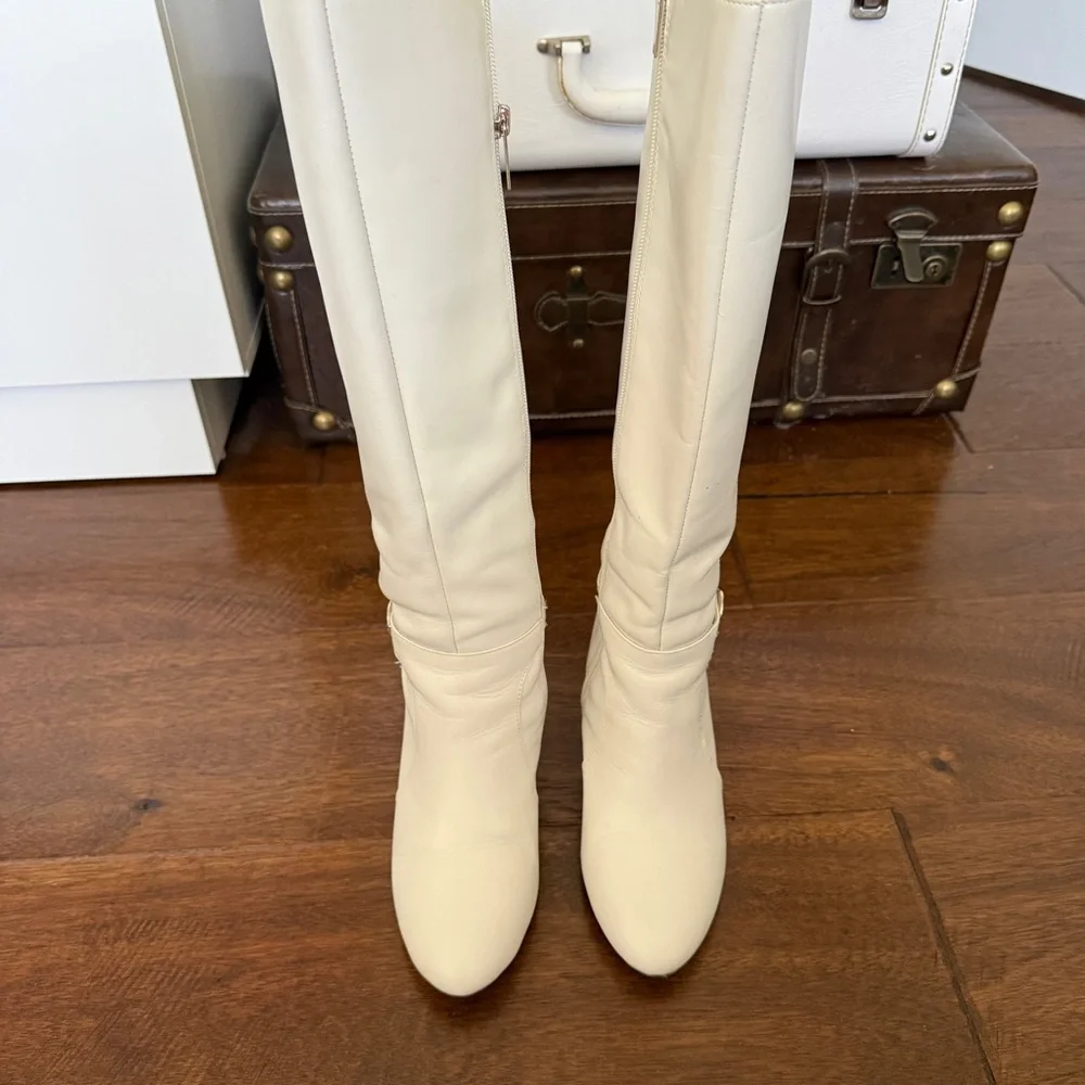Bandolino Cream Knee-High Buckle Strap Boots